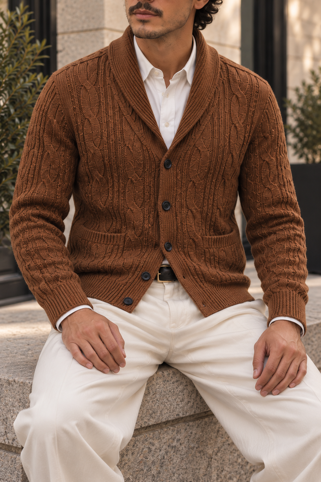 Men's cable-knit shawl-collar cardigan