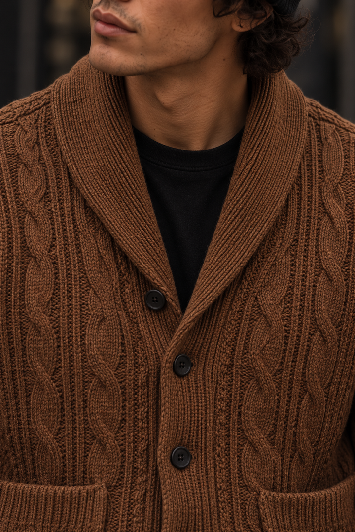 Men's cable-knit shawl-collar cardigan