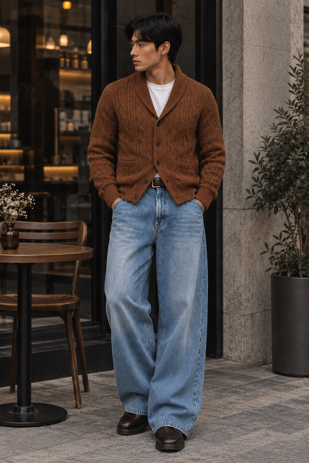 Men's cable-knit shawl-collar cardigan