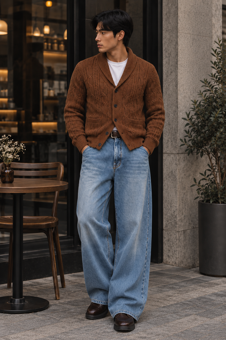 Men's cable-knit shawl-collar cardigan