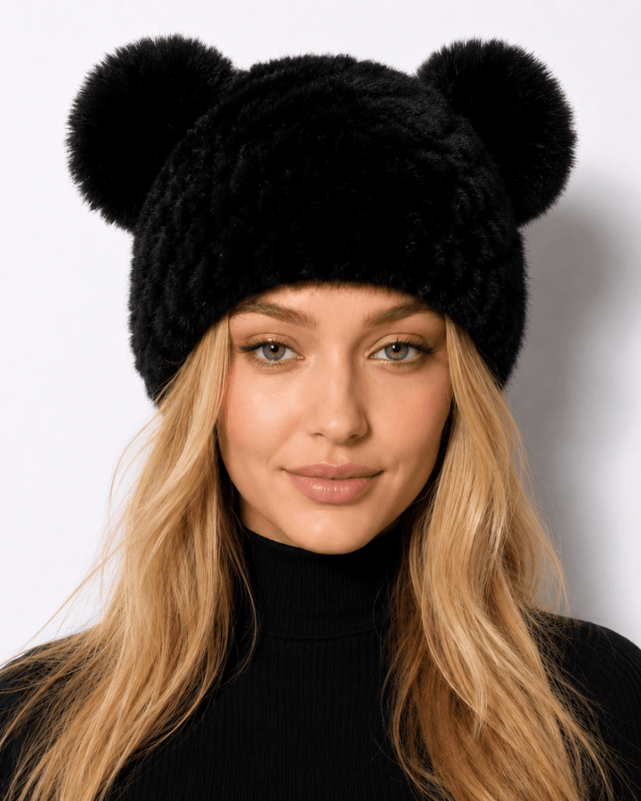 Bonnet de Ski Femme en Fourrure Synthétique Tricoté à Double Pompon