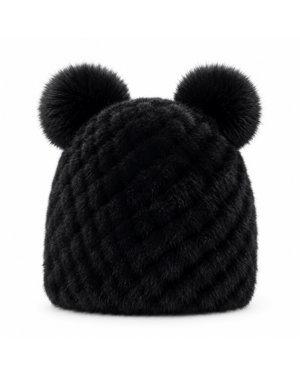 Bonnet de Ski Femme en Fourrure Synthétique Tricoté à Double Pompon
