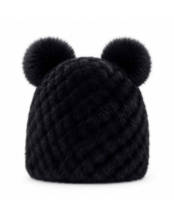 Bonnet de Ski Femme en Fourrure Synthétique Tricoté à Double Pompon