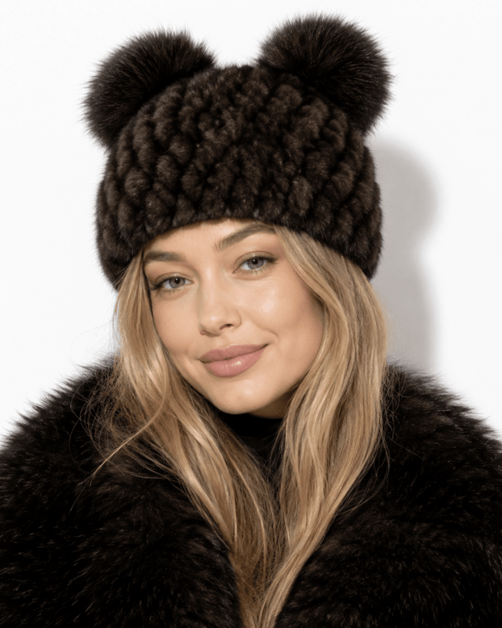 Bonnet de Ski Femme en Fourrure Synthétique Tricoté à Double Pompon