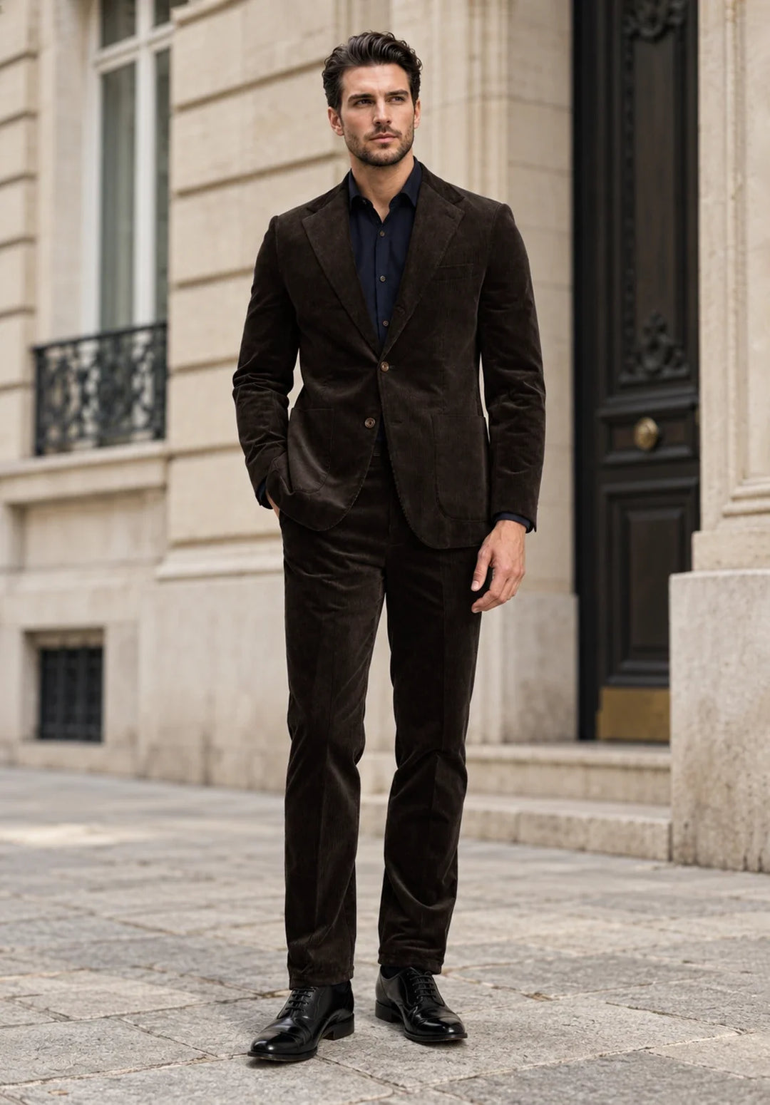 Abito da uomo a due pezzi slim fit in velluto a coste con revers a lancia e taschino sul petto