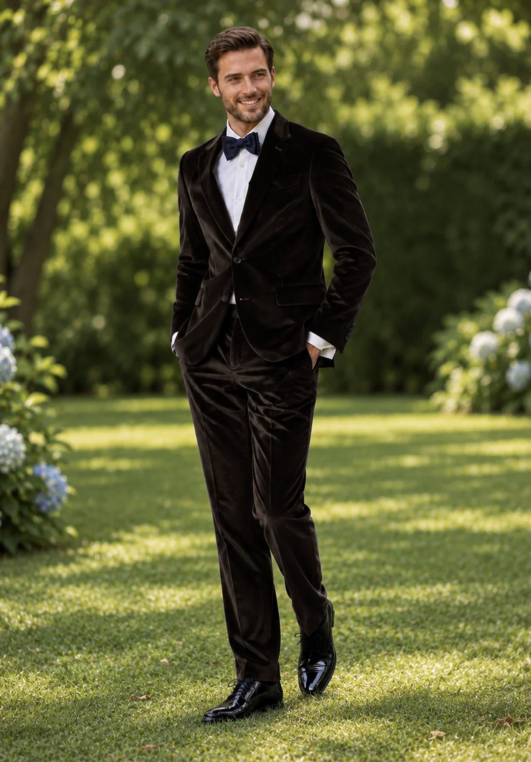 Costume Deux Pièces Homme Coupe Slim en Velours avec Poches à Rabat et Veste Un Bouton