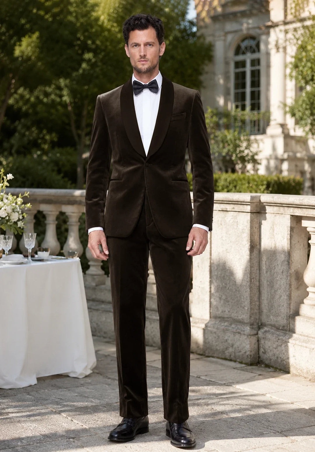 Slim fit-smoking i to dele til mænd i velour med spids revers
