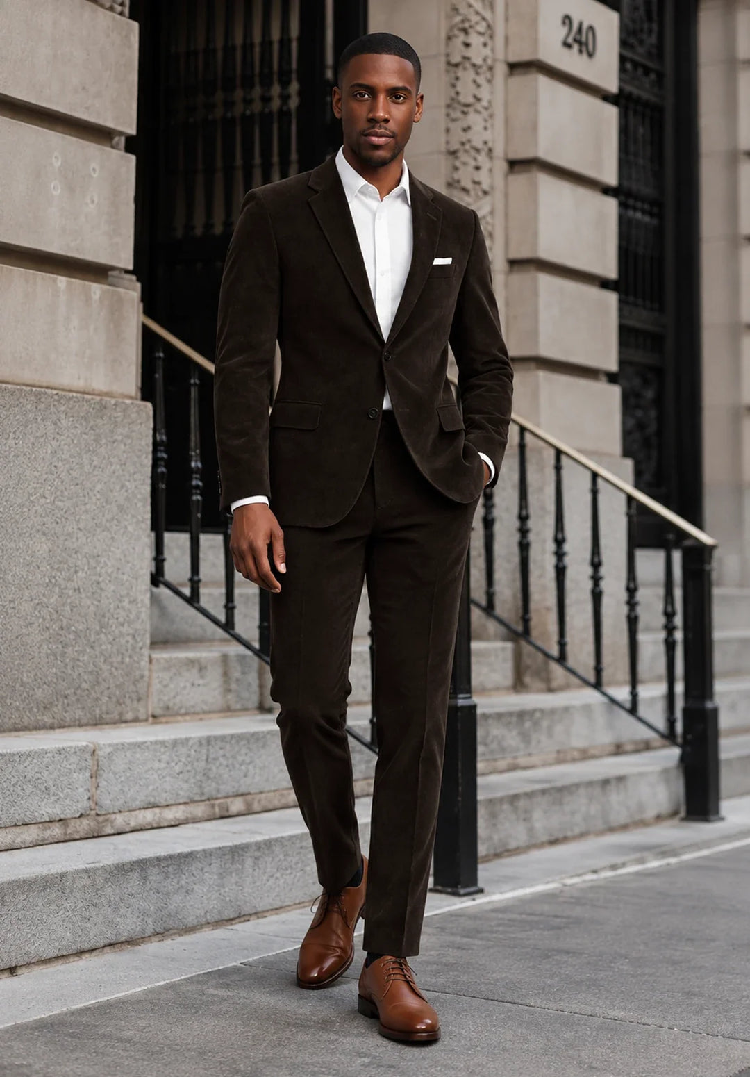 Completo da uomo in velluto slim fit a due pezzi con rever classico e giacca a due bottoni