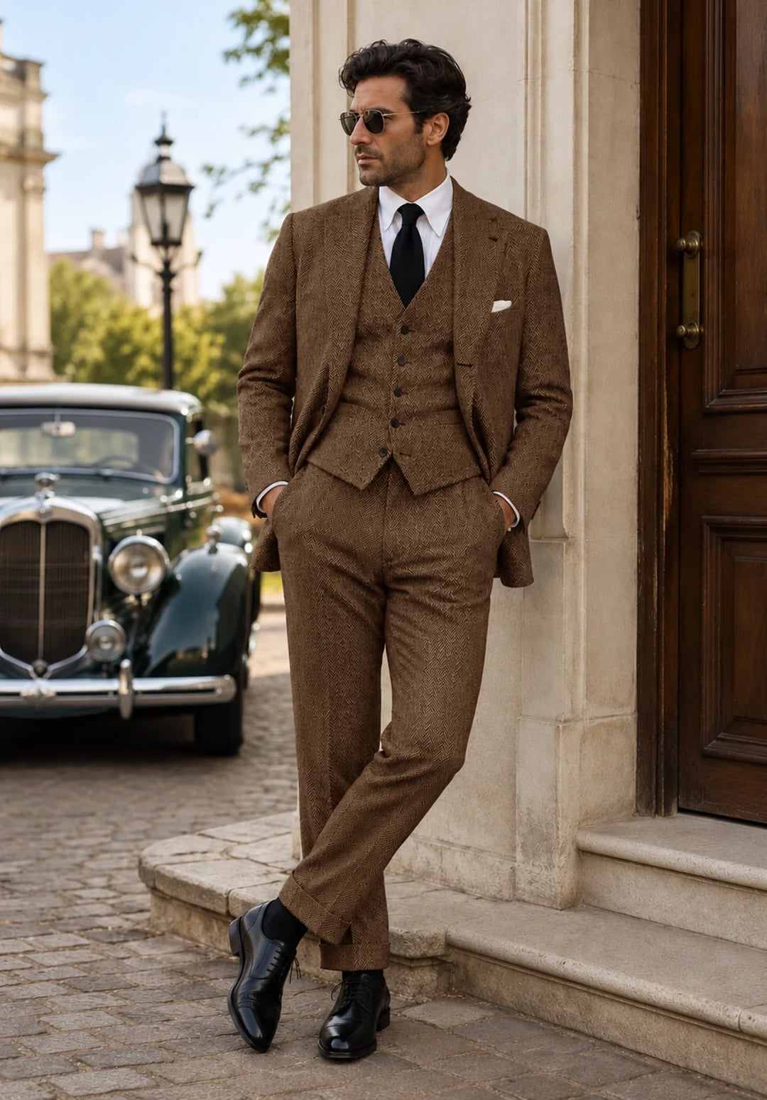 Costume Trois Pièces Homme Coupe Regular en Chevrons avec Gilet et Pantalon Assortis