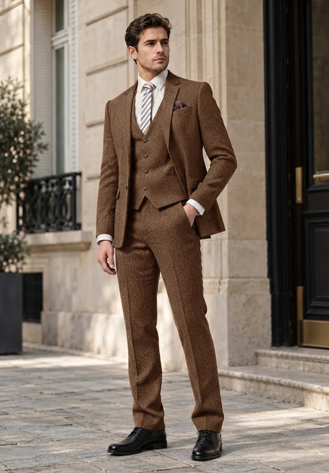 Costume Trois Pièces Homme Coupe Regular en Chevrons avec Gilet Boutonné
