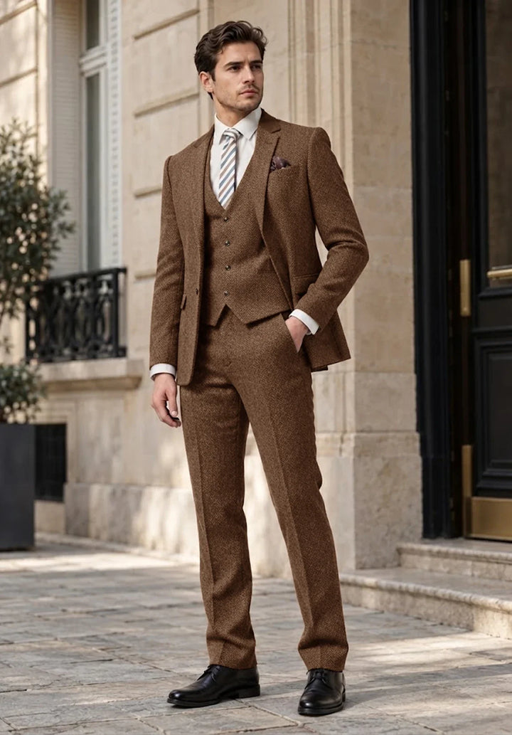 Costume Trois Pièces Homme Coupe Regular en Chevrons avec Gilet Boutonné