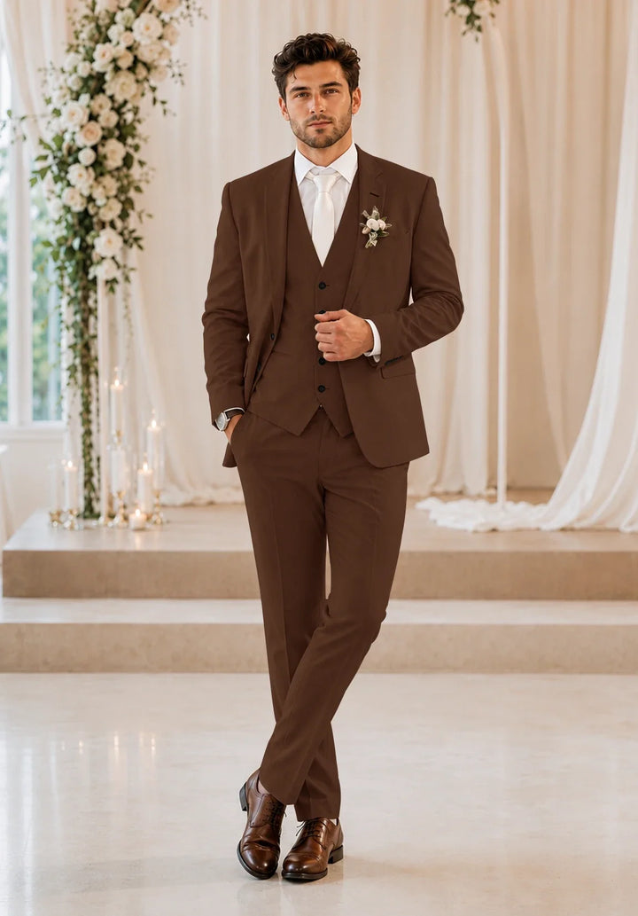 Men's Slim-Fit Three-Piece Suit in a Linen Blend with Notch Lapel and Five-Button Vest