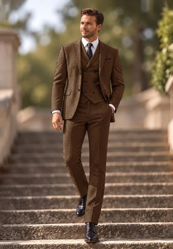 Herenkostuum in drie delen met slim fit in visgraatmotief, met double-breasted vest