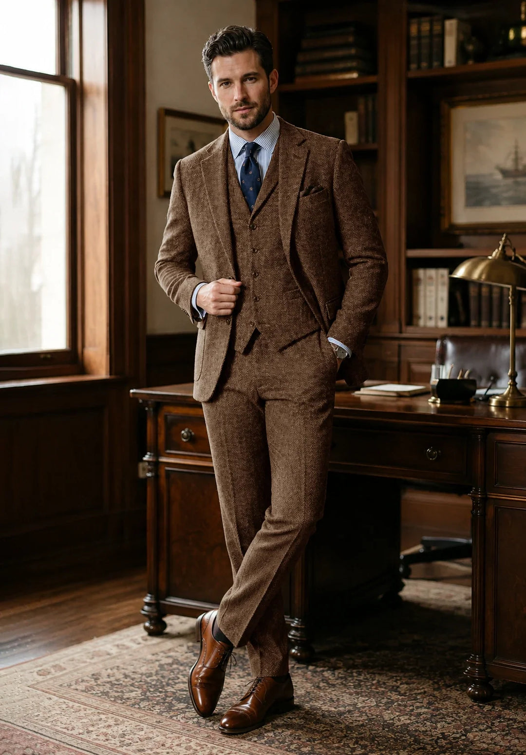 Costume Trois Pièces Homme Coupe Classique en Chevrons avec Gilet Boutonné