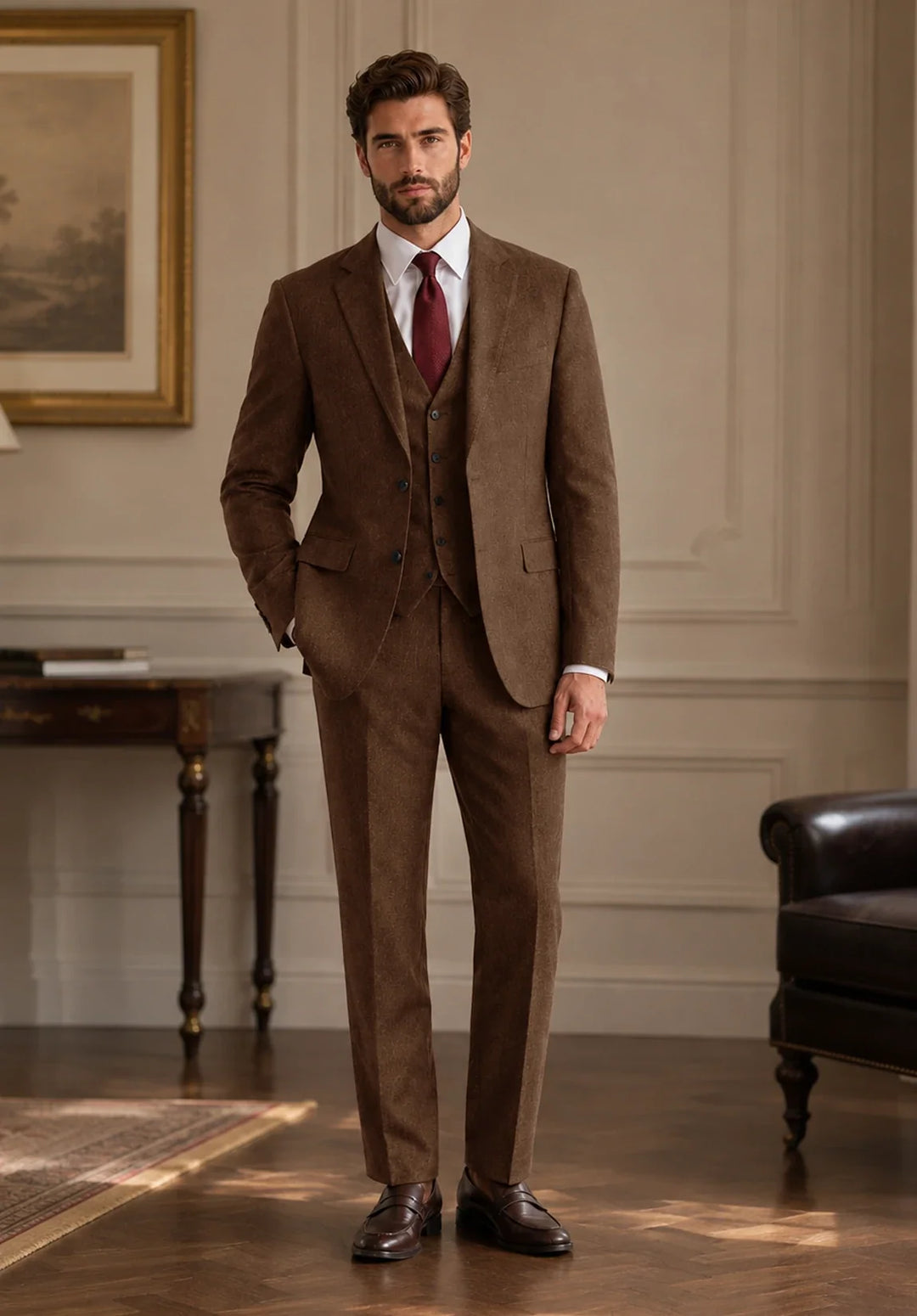 Men’s Regular-Fit Three-Piece Herringbone Suit with Buttoned Vest