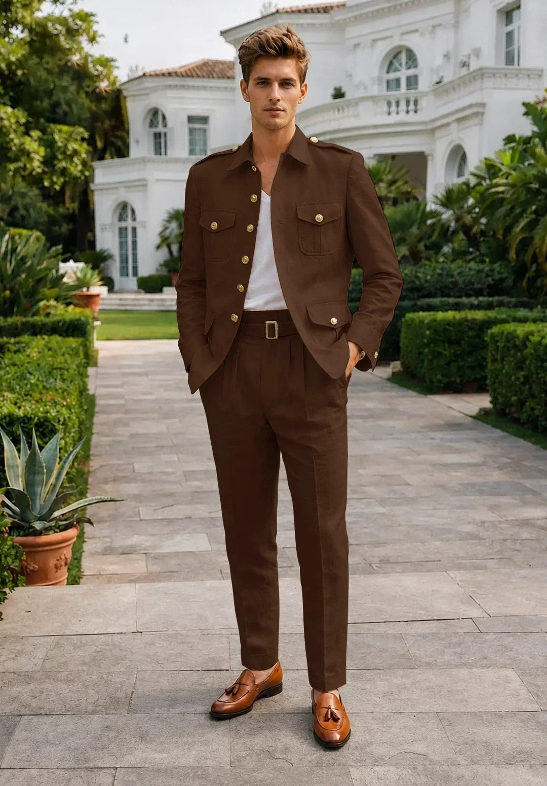 Costume Deux Pièces Homme Coupe Moderne en Mélange de Lin avec Veste Saharienne et Pantalon Plissé