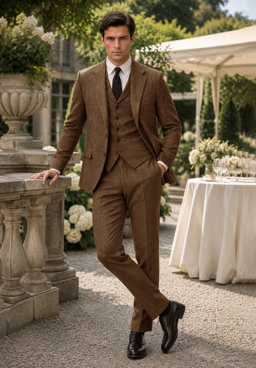 Costume Trois Pièces Homme Coupe Slim en Chevrons avec Col Notch et Gilet Assorti
