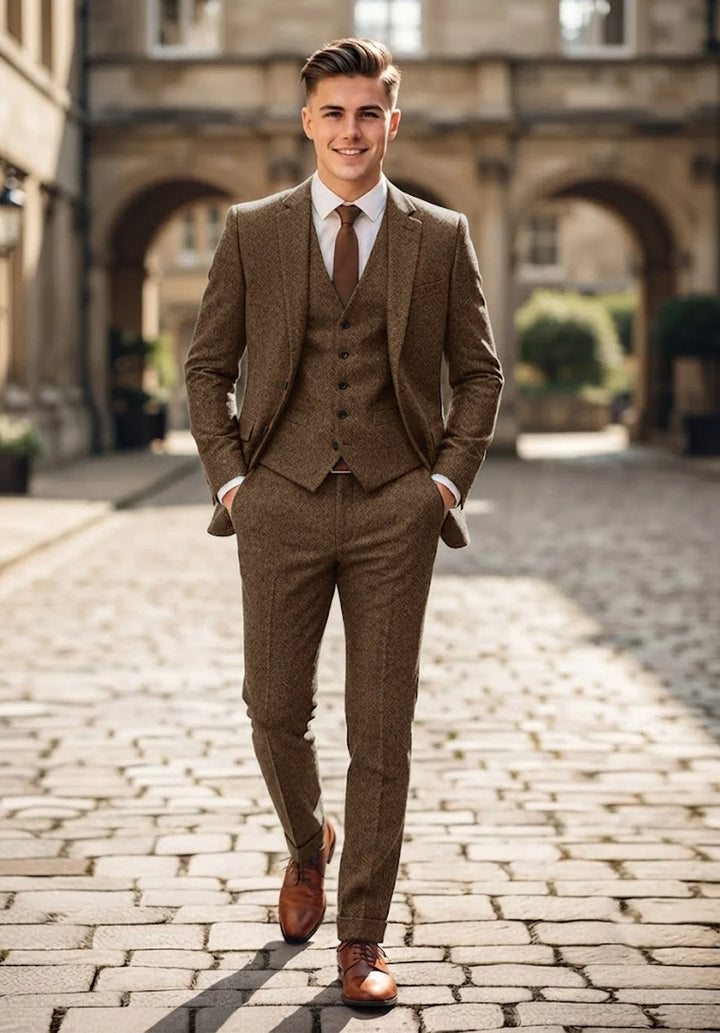 Costume Trois Pièces Homme Coupe Classique en Chevrons avec Col Notch et Gilet Cinq Boutons