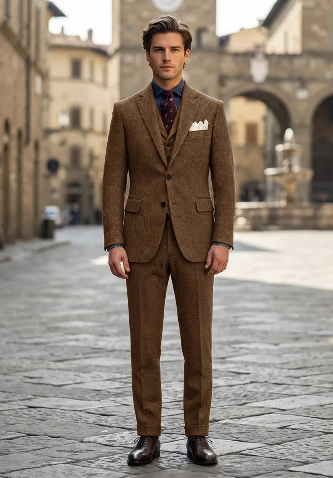 Costume Trois Pièces Homme Coupe Slim en Chevrons avec Col Notch et Poche Poitrine