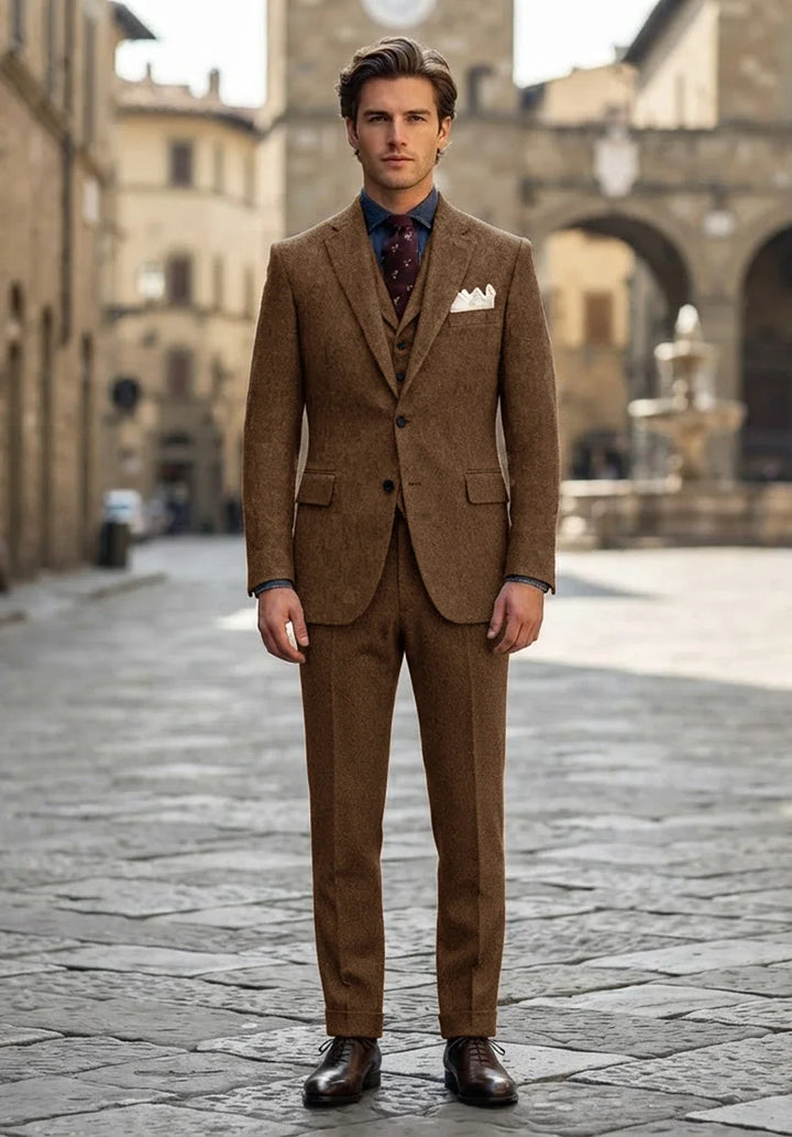 Costume Trois Pièces Homme Coupe Slim en Chevrons avec Col Notch et Poche Poitrine