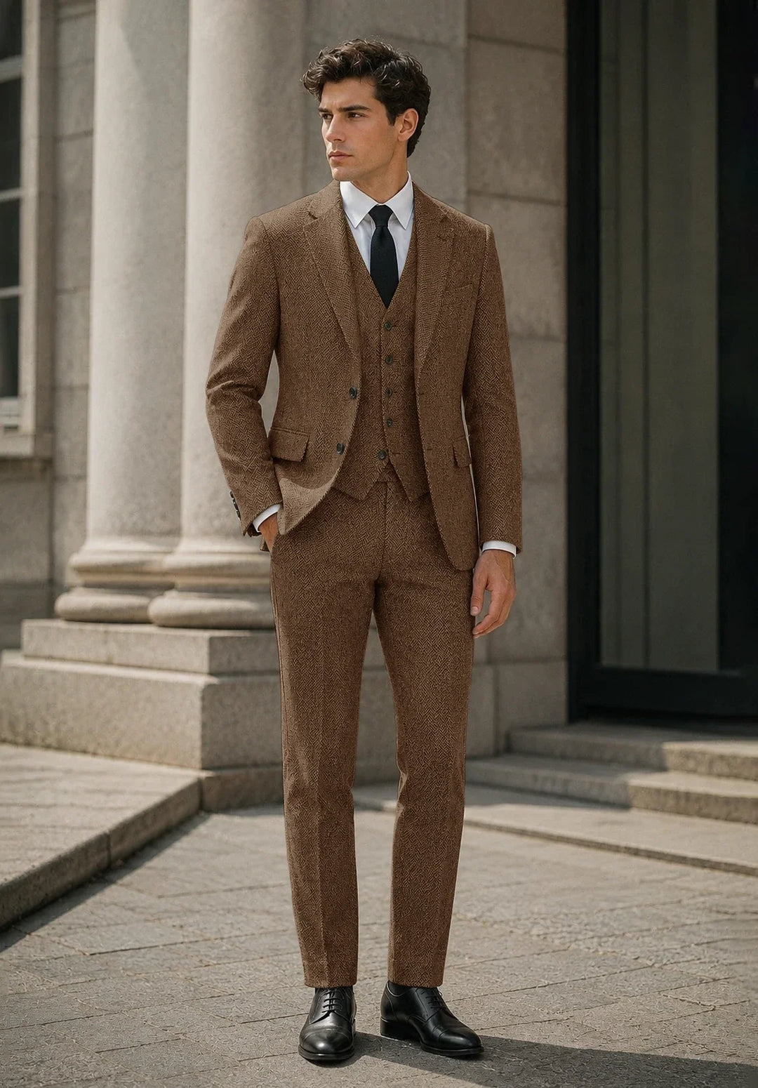 Costume Trois Pièces Homme Coupe Slim en Chevrons avec Col Notch et Gilet Cinq Boutons