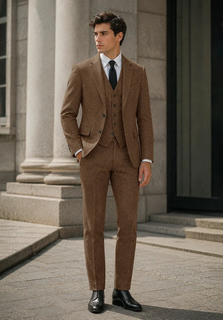 Costume Trois Pièces Homme Coupe Slim en Chevrons avec Col Notch et Gilet Cinq Boutons
