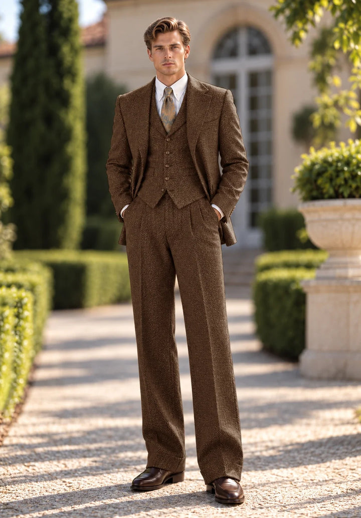 Costume Trois Pièces Homme Coupe Moderne en Chevrons avec Gilet Assorti