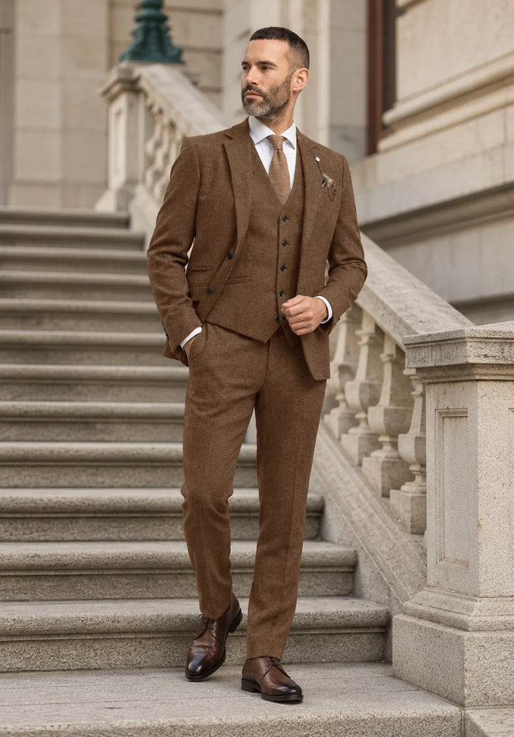 Costume Trois Pièces Homme Coupe Slim en Chevrons avec Gilet et Pantalon Assortis