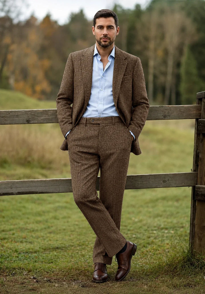 Herredragt i to dele med slim fit, sildebensmønster og enkeltradet jakke
