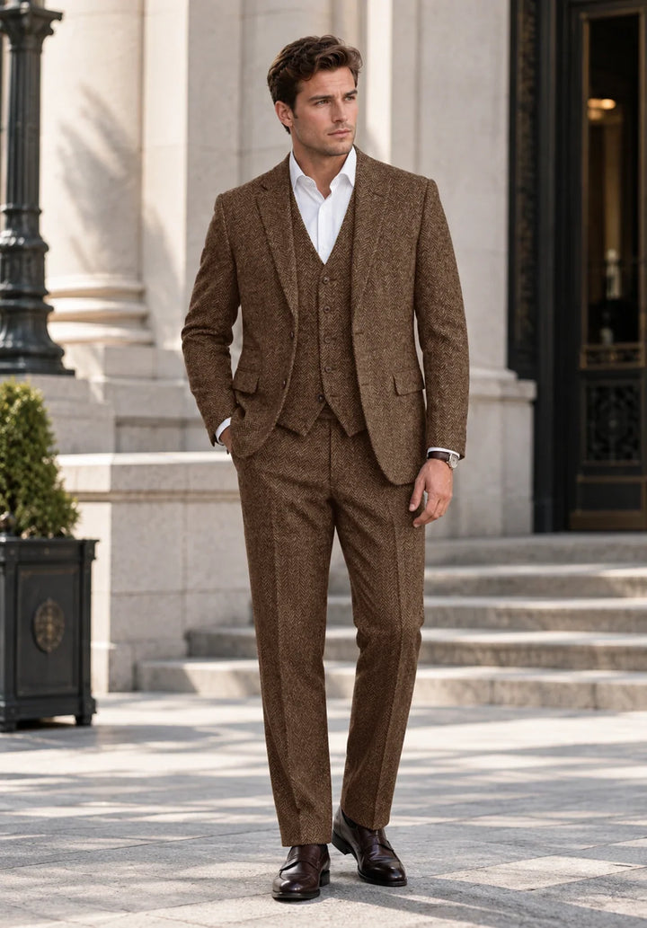 Completo uomo tre pezzi slim fit a spina di pesce con gilet abbottonato