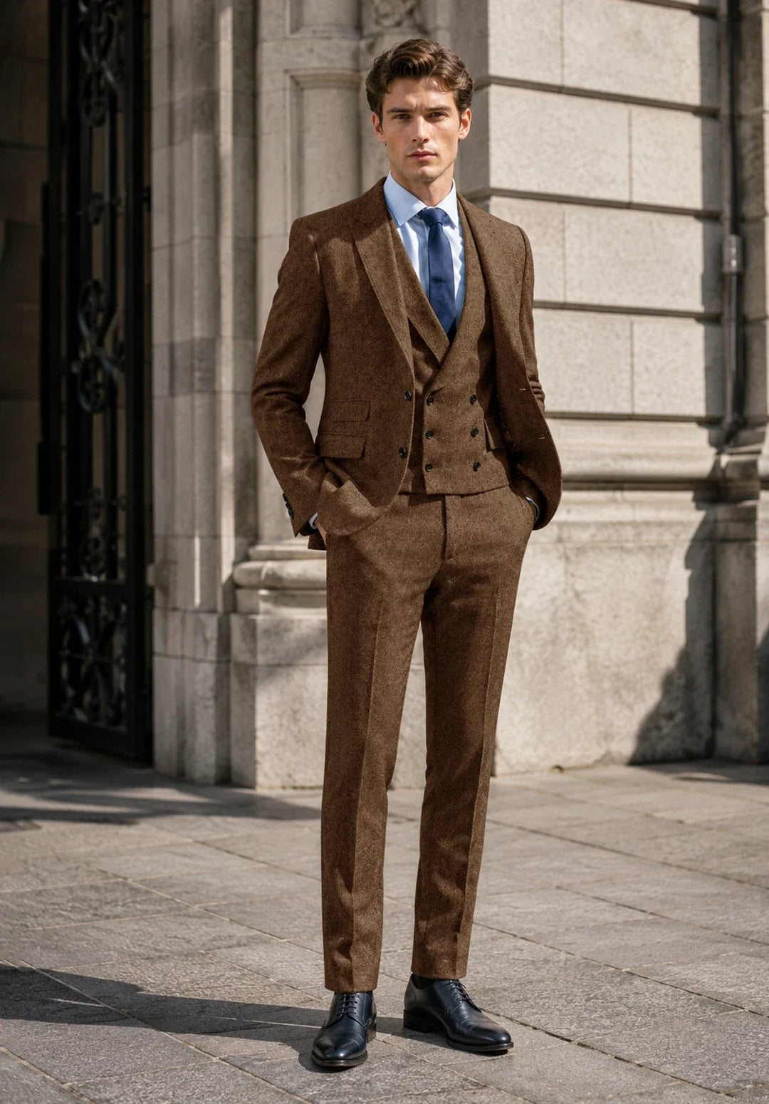 Abito da uomo a tre pezzi slim fit con motivo a spina di pesce, rever a lancia e gilet doppiopetto
