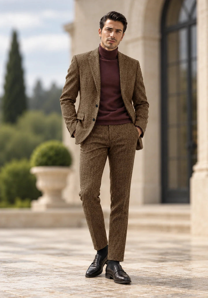 Costume Deux Pièces Homme Coupe Slim en Chevrons avec Col Notch et Poches à Rabat