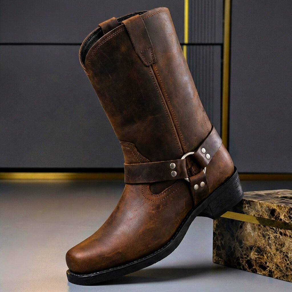 Hohe Herren-Westernstiefel mit Schnalle und runder Zehenpartie