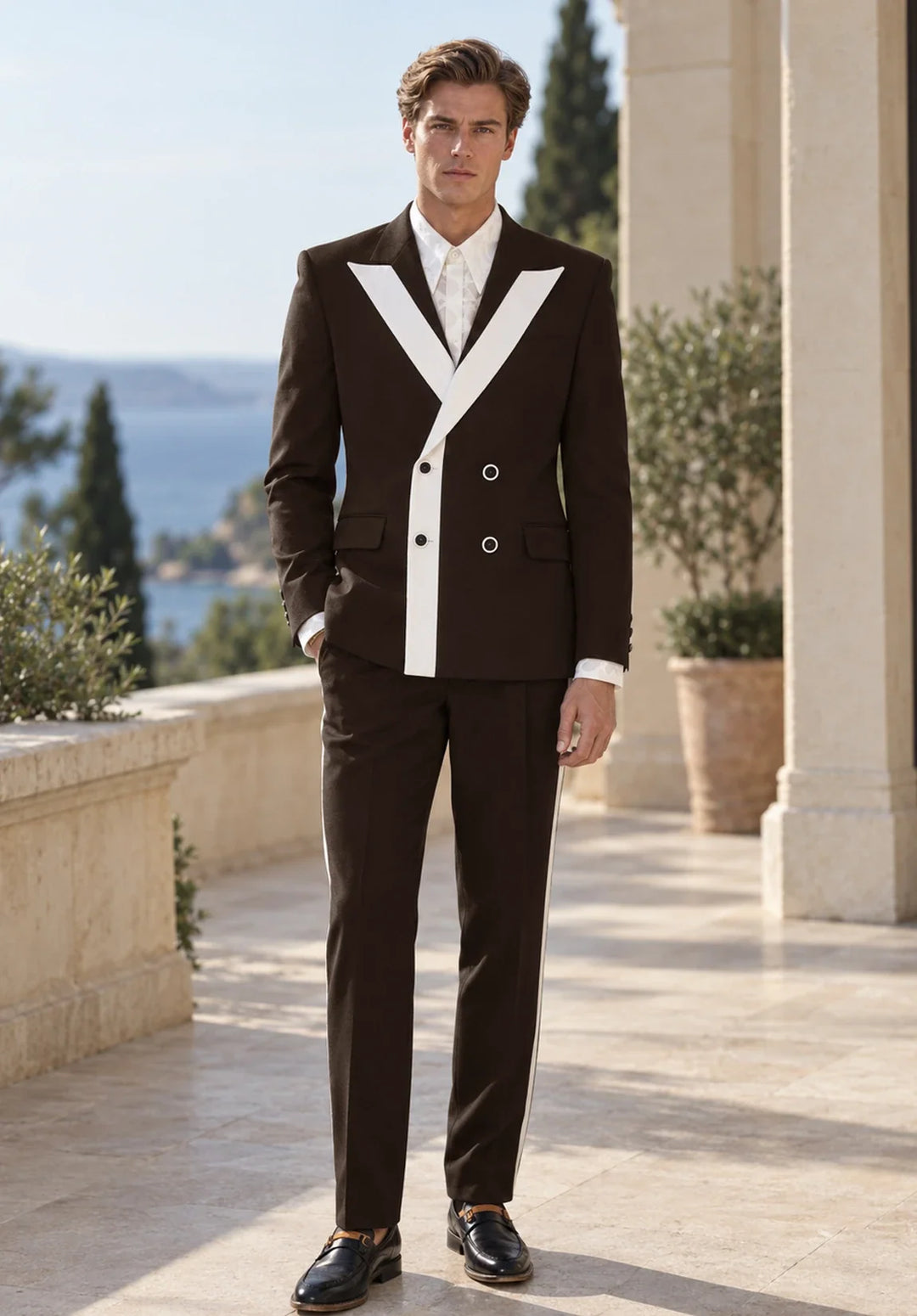 Costume Deux Pièces Homme Coupe Slim avec Panneau Contrastant en V et Deux Boutons