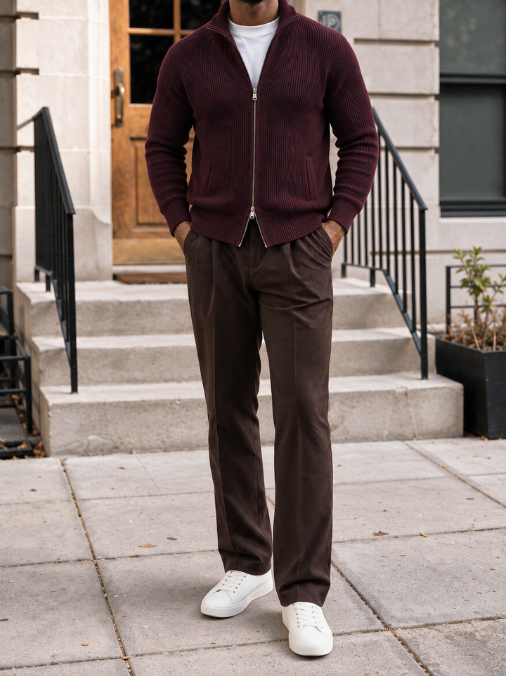 Maglione da uomo in maglia fine con zip integrale, collo rialzato e bordi a coste