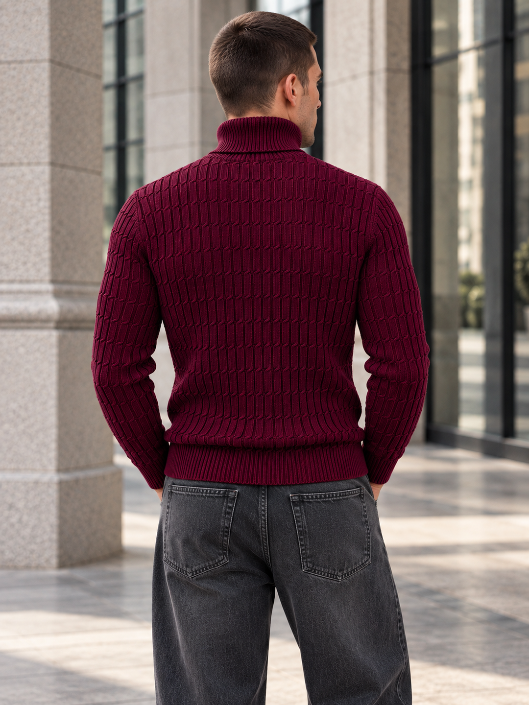 Pull Col Roulé Homme Côtes Verticales En Maille