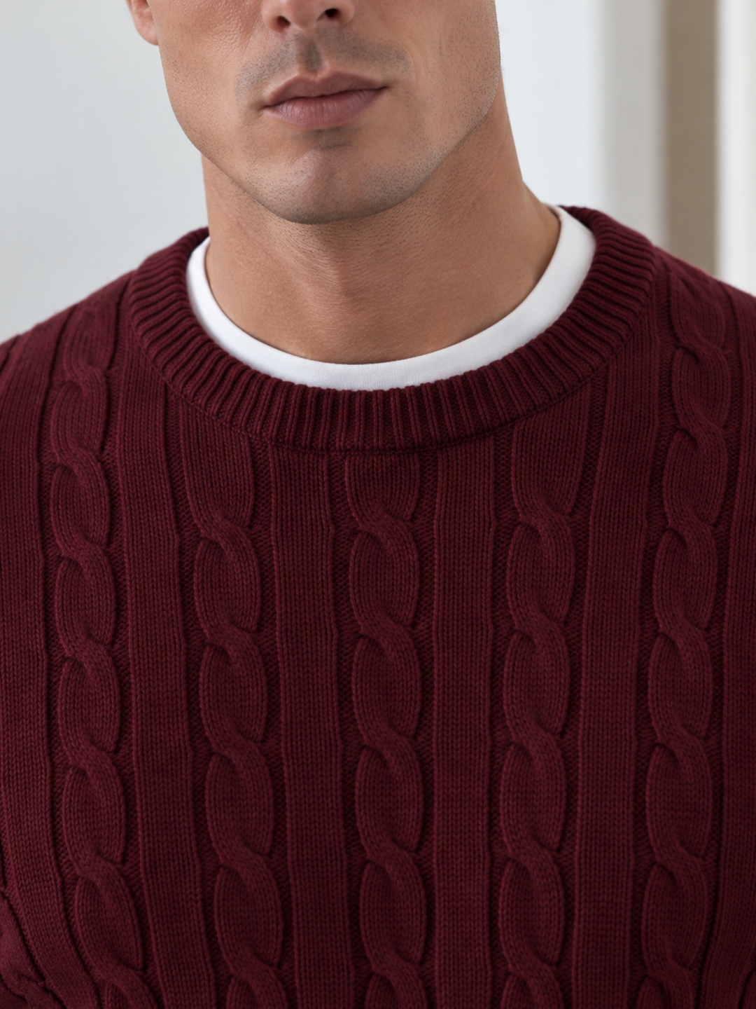 Maglione da uomo in maglia a trecce con girocollo e bordi a coste