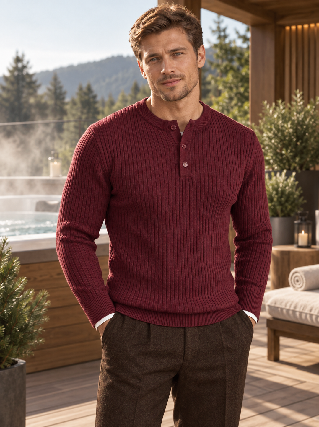 Maglione da uomo in maglia a coste con colletto abbottonato e maniche lunghe