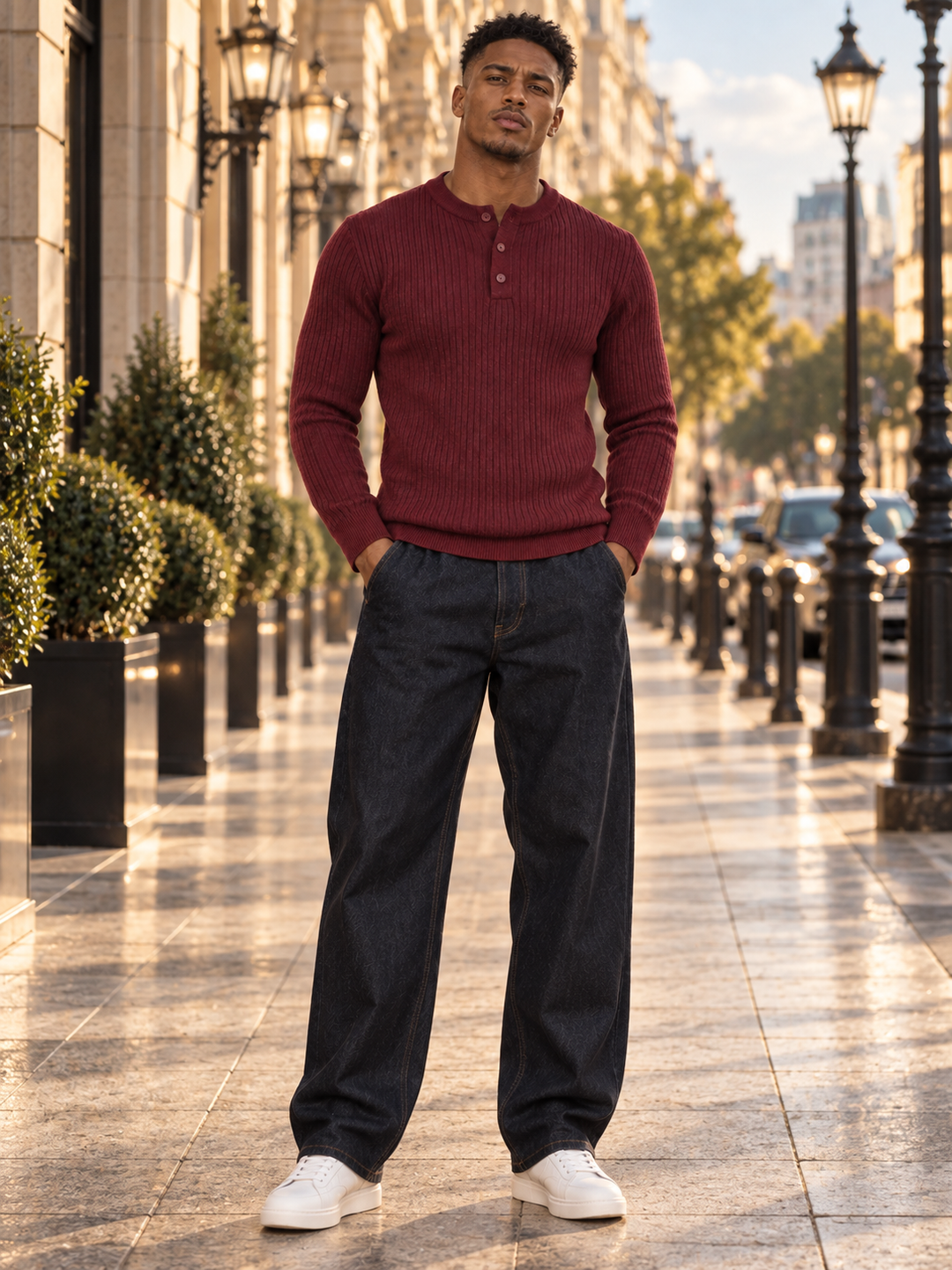 Maglione da uomo in maglia a coste con colletto abbottonato e maniche lunghe
