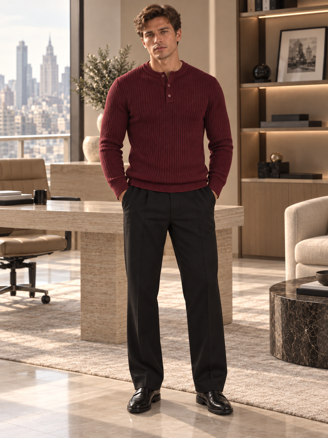 Maglione da uomo in maglia a coste con colletto abbottonato e maniche lunghe