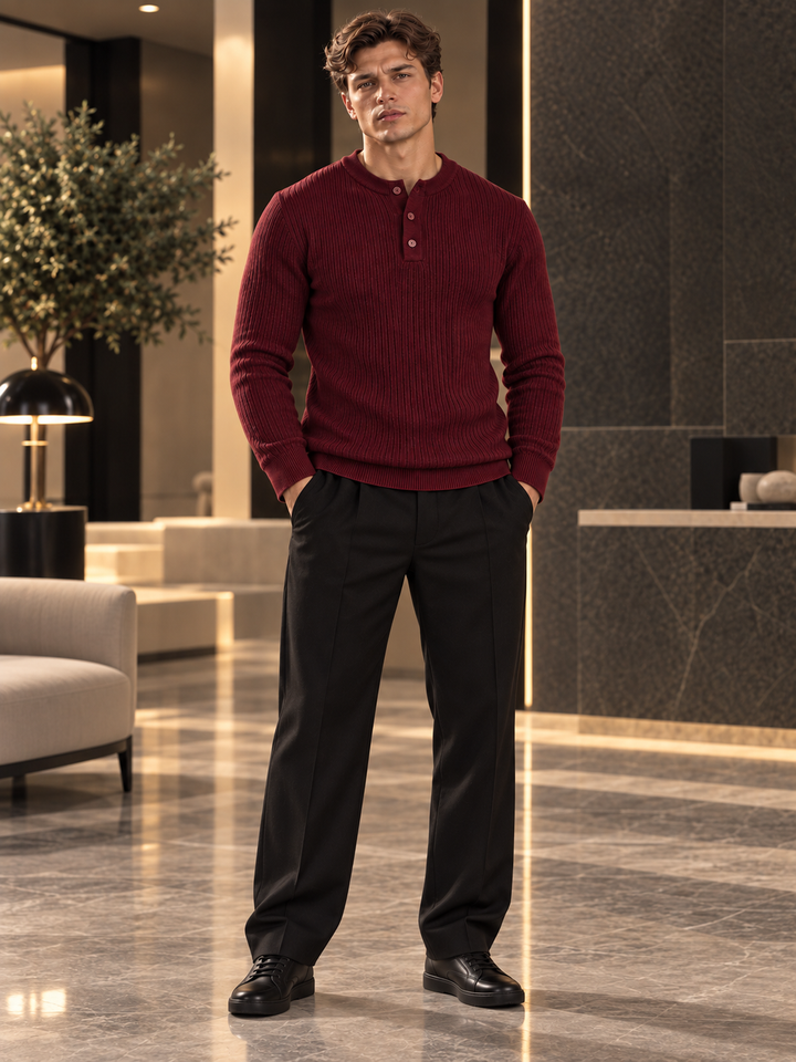 Maglione da uomo in maglia a coste con colletto abbottonato e maniche lunghe
