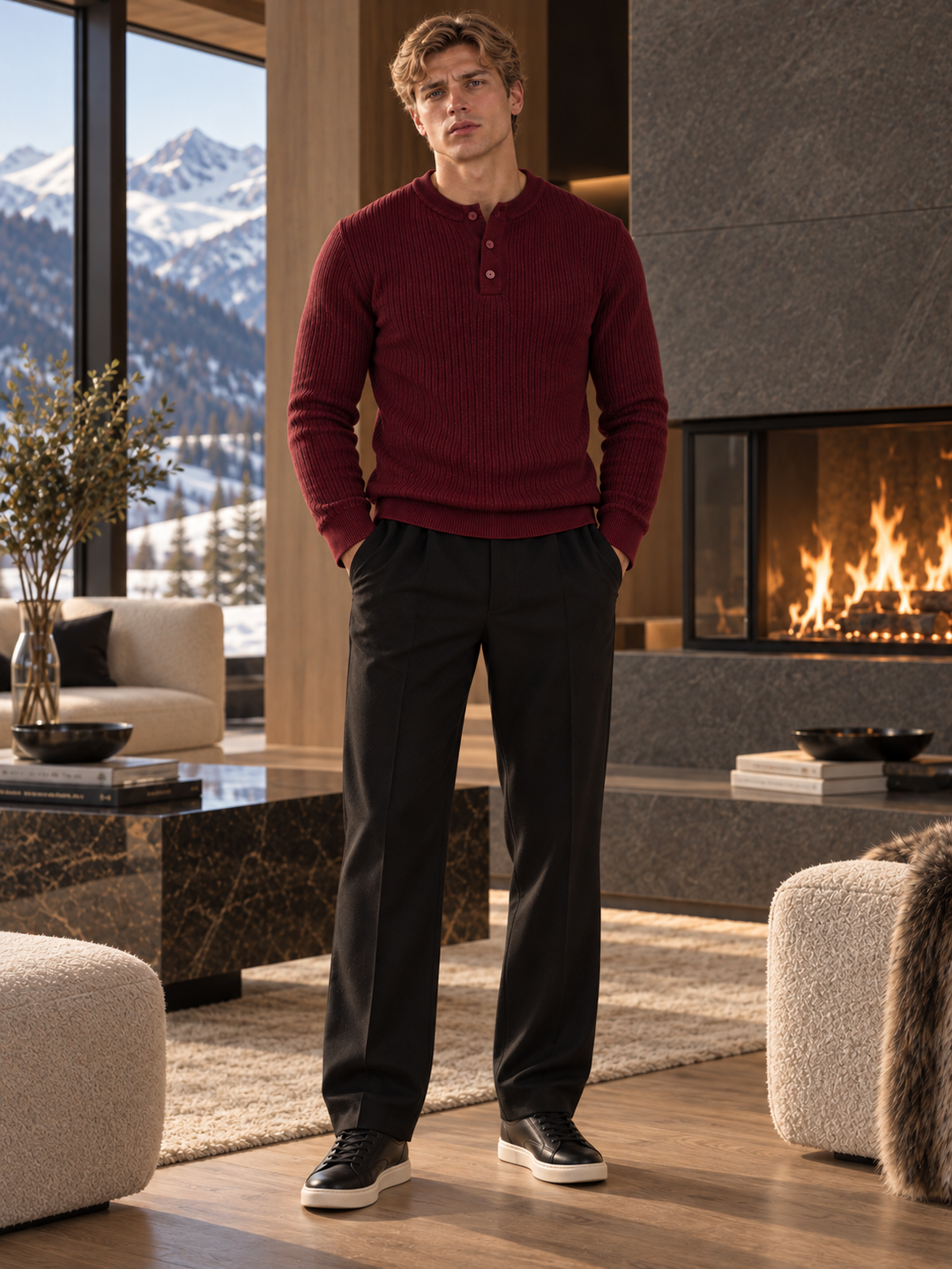 Maglione da uomo in maglia a coste con colletto abbottonato e maniche lunghe