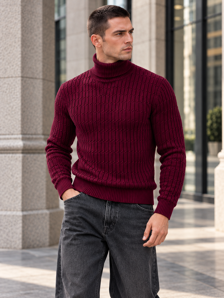 Pull Col Roulé Homme Côtes Verticales En Maille