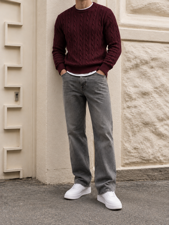 Maglione da uomo in maglia a trecce con girocollo e bordi a coste