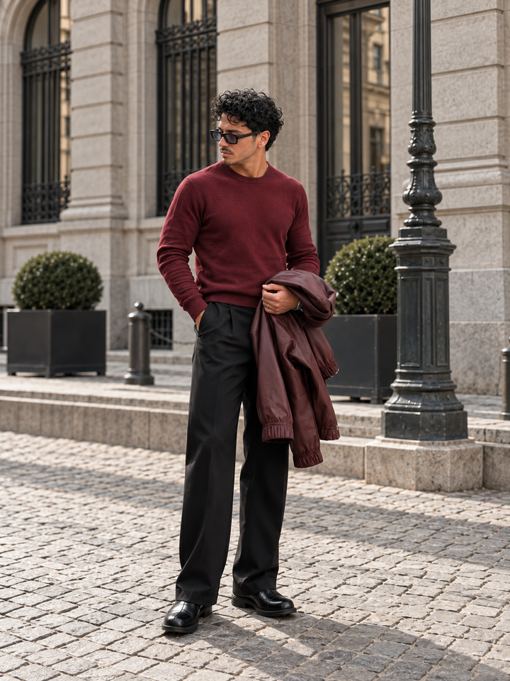 Pullover da uomo in maglia tinta unita con scollo rotondo e bordi a coste