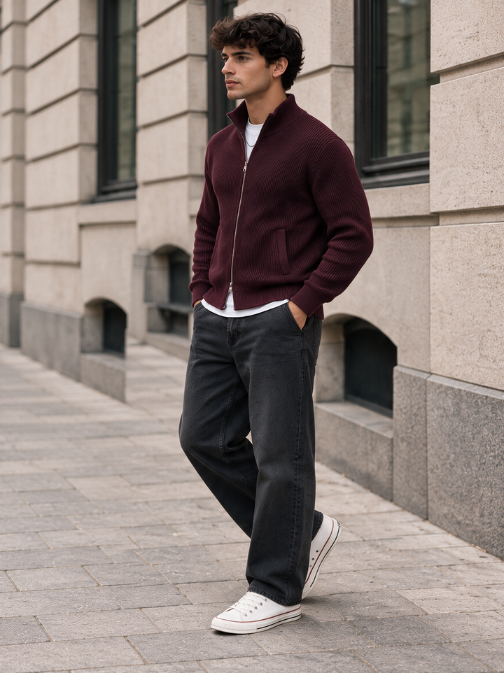 Maglione da uomo in maglia fine con zip integrale, collo rialzato e bordi a coste