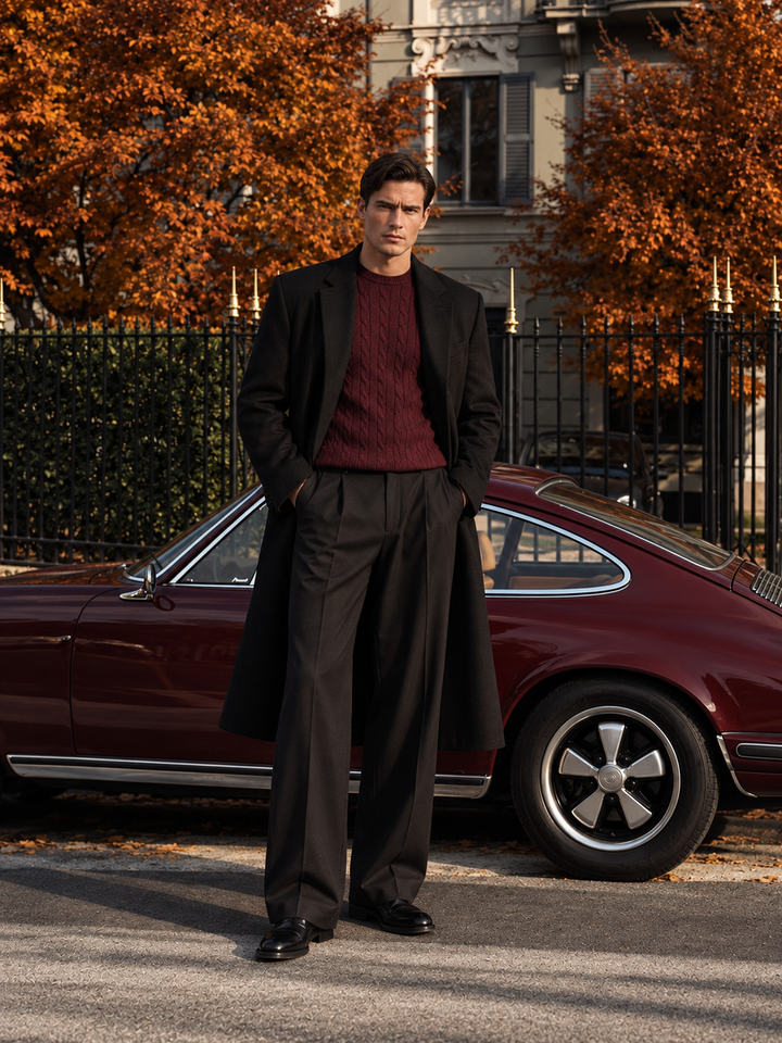 Maglione da uomo in maglia a trecce con girocollo e bordi a coste