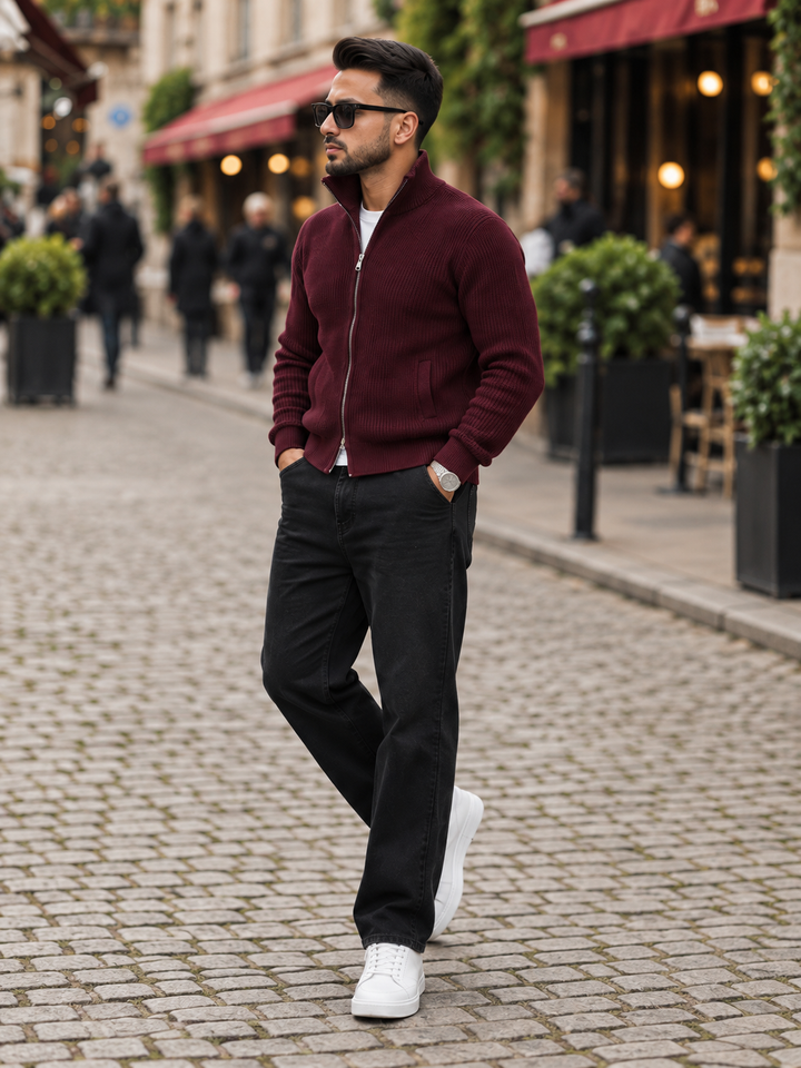 Maglione da uomo in maglia fine con zip integrale, collo rialzato e bordi a coste