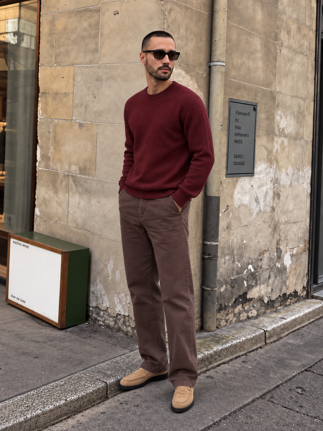 Pullover da uomo in maglia tinta unita con scollo rotondo e bordi a coste