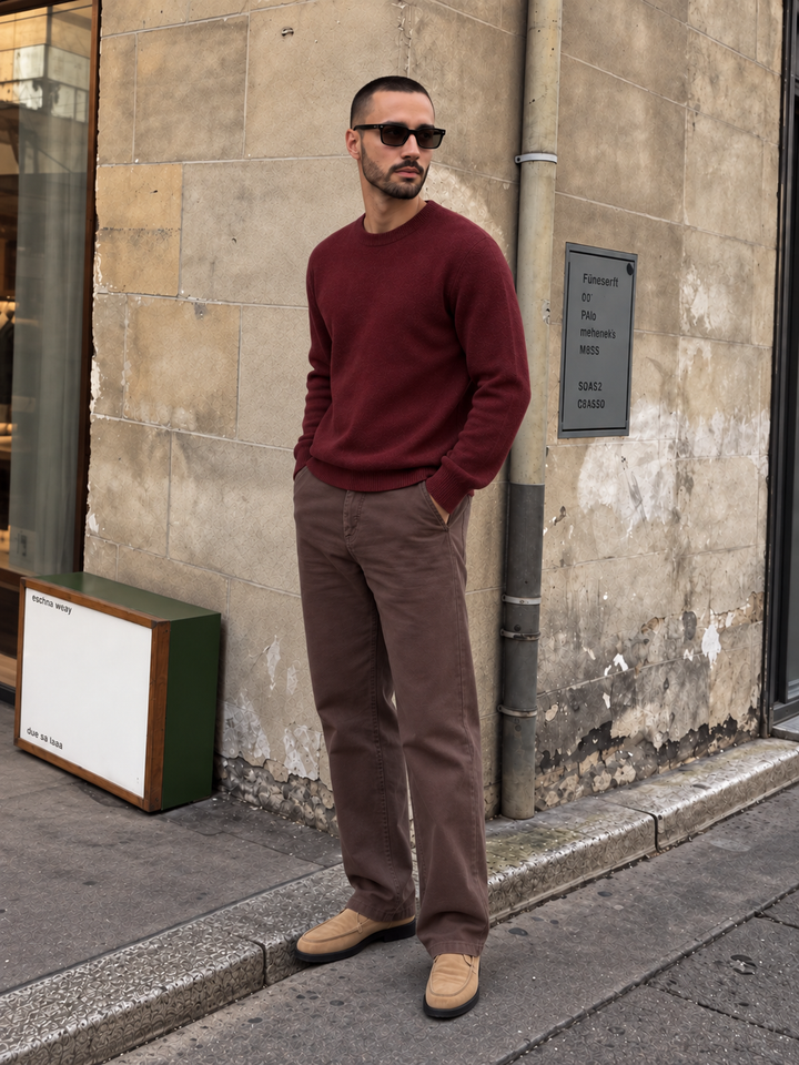 Pullover da uomo in maglia tinta unita con scollo rotondo e bordi a coste